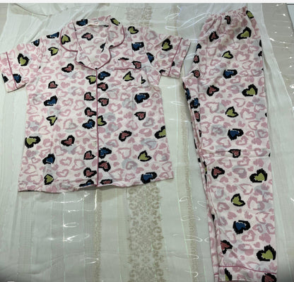 Soft Pink Heart-Print Co-ord Pyjama Set for Women – Short Sleeve Top & Full-Length Bottom