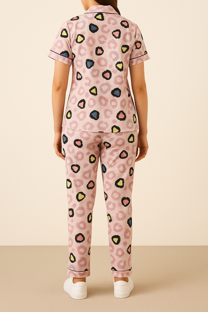 Soft Pink Heart-Print Co-ord Pyjama Set for Women – Short Sleeve Top & Full-Length Bottom