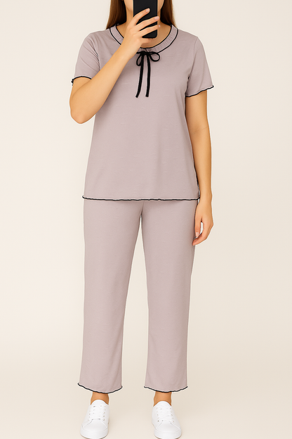 Elegant Women’s Co-ord Set with Ruffle Neck and Black Piping – Soft Nightwear (Copy) - House of Shreenaa