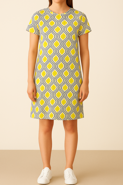 Women’s Cotton One-Piece Sleep Shirt – Yellow & Grey Geometric Print Nightwear