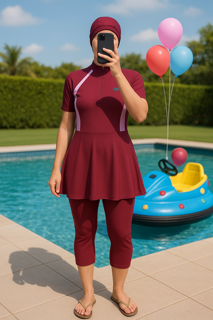 Modest Women's Swimsuit Set – Skirted Swim Top with Leggings & Swim Cap