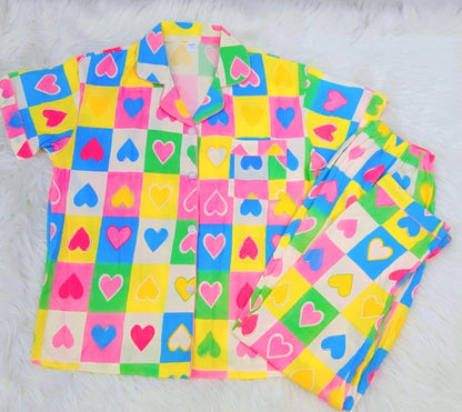 Colorful Heart-Print Two-Piece Set with Button-Down Shirt and Pajama for Teenage Girls