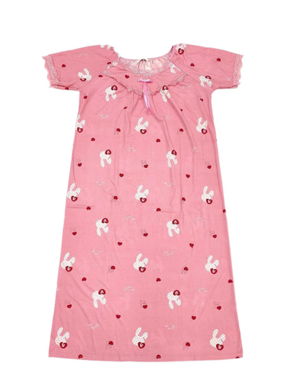 Pink Cotton Full-Length Nightgown with Lace Neckline – Soft & Comfortable Sleepwear