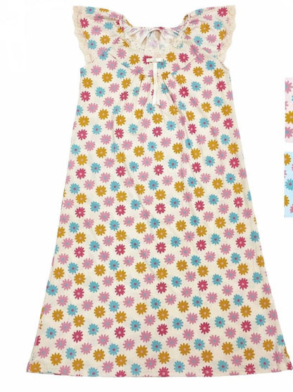 Floral Beige Cotton Night Gown with Cap Sleeves – Full Length Comfort Nightwear for Women