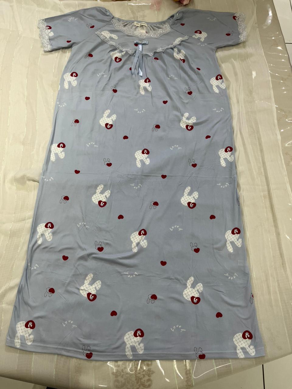 Women’s Full-Length Cotton Nighty – Blue Printed Sleep Gown with Lace & Bow Detail - House of Shreenaa