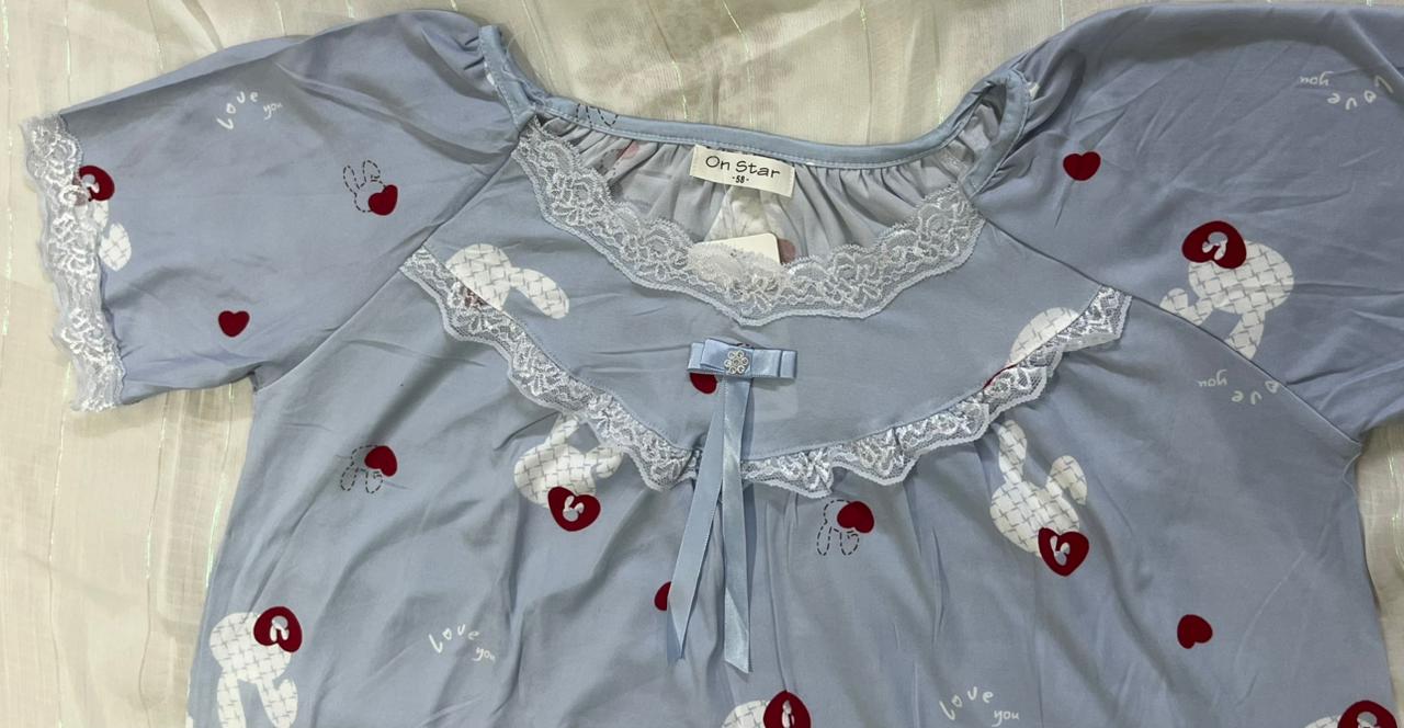 Women’s Full-Length Cotton Nighty – Blue Printed Sleep Gown with Lace & Bow Detail - House of Shreenaa