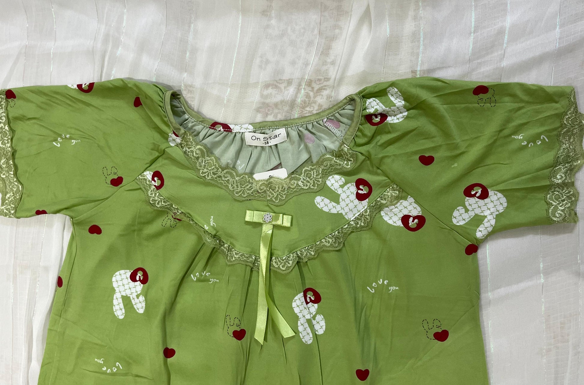 Women’s Full-Length Cotton Nighty – Green Printed Sleep Gown with Lace & Bow Detail - House of Shreenaa