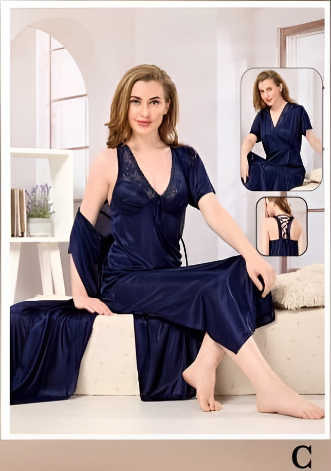 Luxury Microfiber Satin Night Gown Set – Elegant Nightwear for Women
