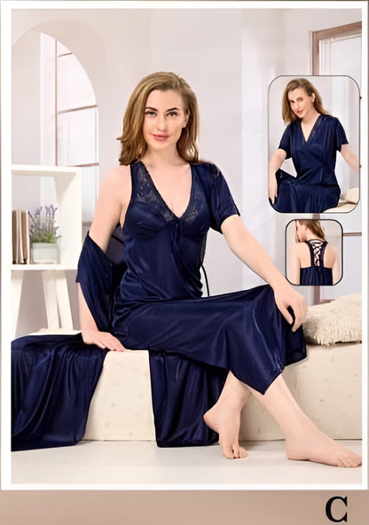 Luxury Microfiber Satin Night Gown Set – Elegant Nightwear for Women