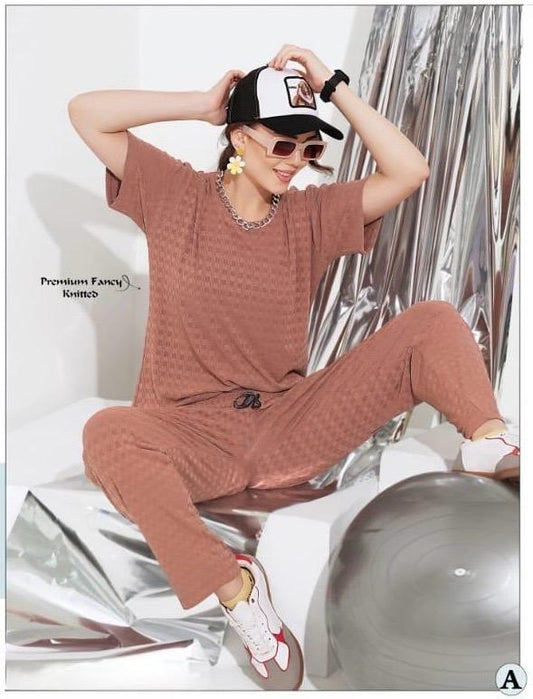 Textured Oversized T-Shirt & Jogger Set – Premium Knitted Comfort Set for Girls