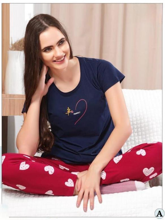 Heart Print T-Shirt & Pyjama Set – Soft Sleepwear for Women