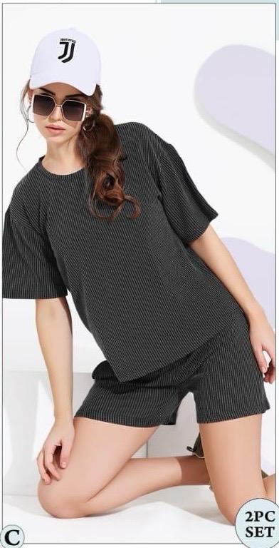 Textured T-Shirt & Shorts Set – Stylish Comfort for Girls in Peach, Green and Black