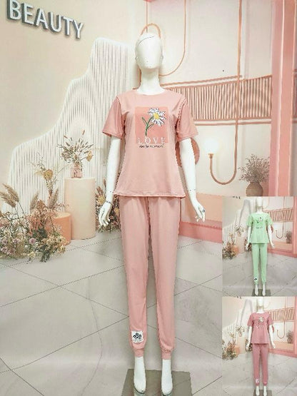 Floral Graphic Cotton Pyjama Set – Soft Comfort with a Touch of Love for Women