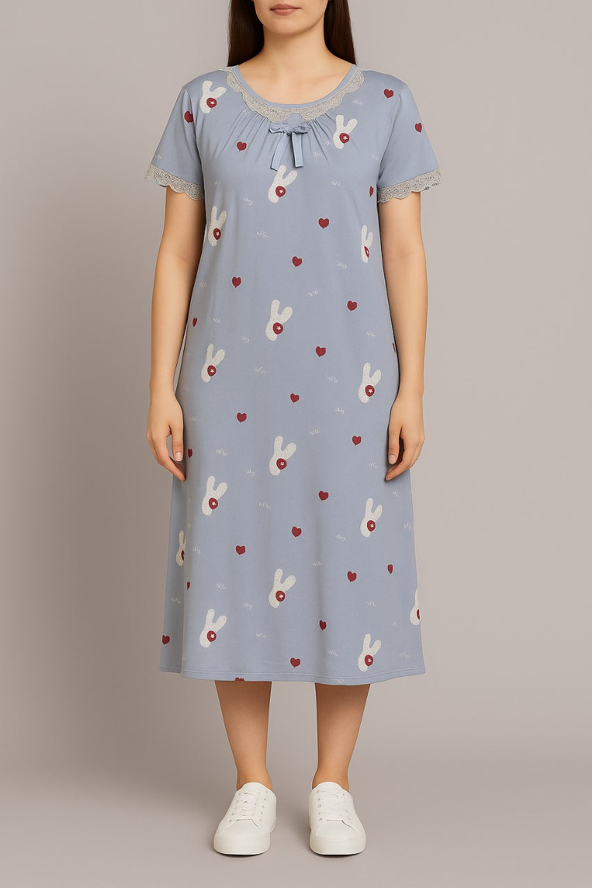 Women’s Full-Length Cotton Nighty – Blue Printed Sleep Gown with Lace & Bow Detail - House of Shreenaa