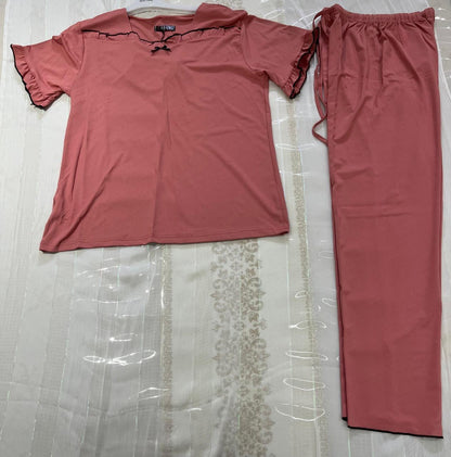 Women’s 2-Piece Co-ord Cotton Nightwear Set – Ruffled Top & Pajama in Rust Pink - House of Shreenaa