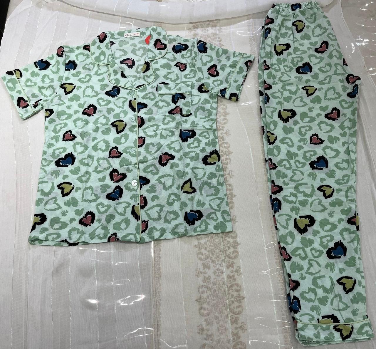 Soft Green Heart-Print Co-ord Pyjama Set for Women – Short Sleeve Top & Full-Length Bottom - House of Shreenaa