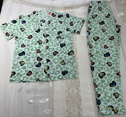 Soft Green Heart-Print Co-ord Pyjama Set for Women – Short Sleeve Top & Full-Length Bottom - House of Shreenaa