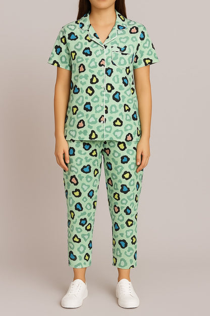 Soft Green Heart-Print Co-ord Pyjama Set for Women – Short Sleeve Top & Full-Length Bottom - House of Shreenaa