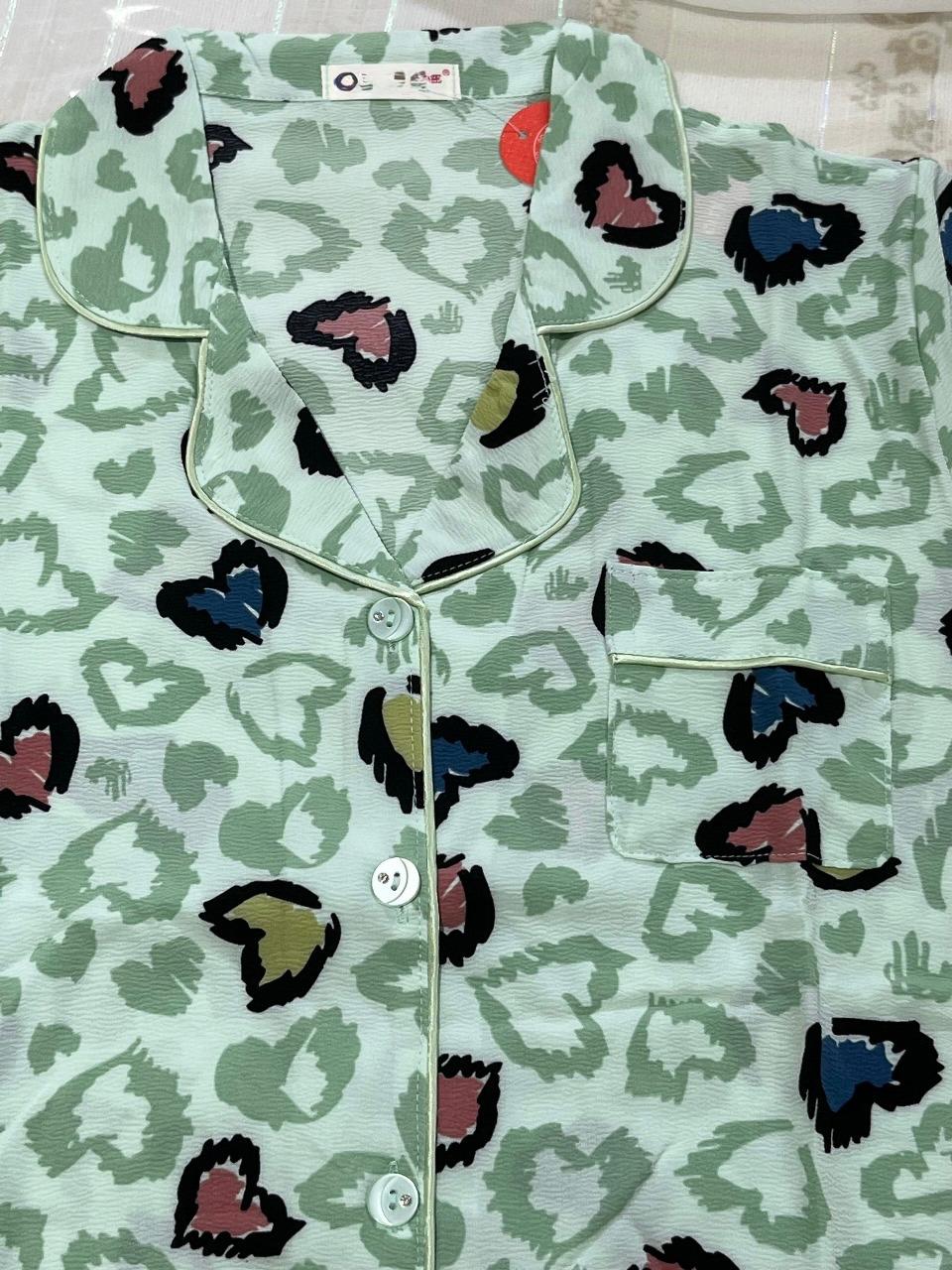 Soft Green Heart-Print Co-ord Pyjama Set for Women – Short Sleeve Top & Full-Length Bottom - House of Shreenaa