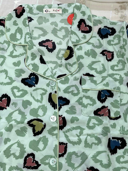 Soft Green Heart-Print Co-ord Pyjama Set for Women – Short Sleeve Top & Full-Length Bottom - House of Shreenaa