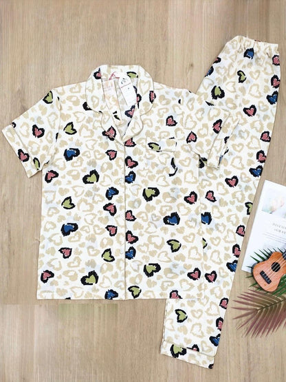 Soft Beige Heart-Print Co-ord Pyjama Set for Women – Short Sleeve Top & Full-Length Bottom - House of Shreenaa