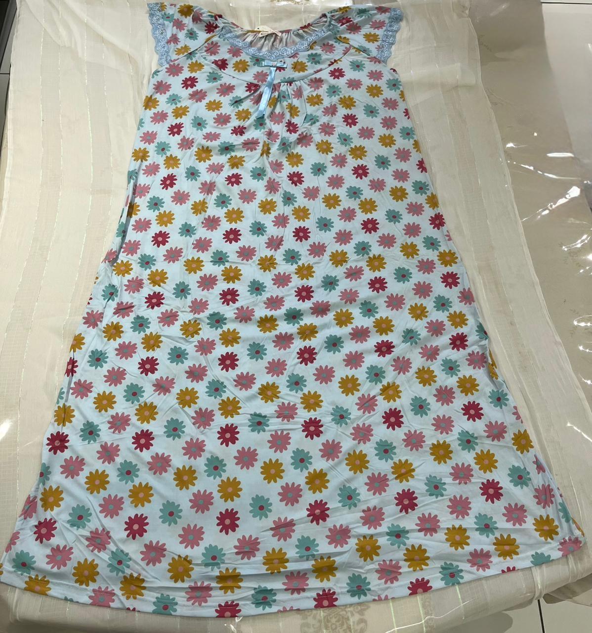 Floral Blue Cotton Night Gown with Cap Sleeves – Full Length Comfort Nightwear for Women - House of Shreenaa