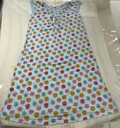 Floral Blue Cotton Night Gown with Cap Sleeves – Full Length Comfort Nightwear for Women - House of Shreenaa