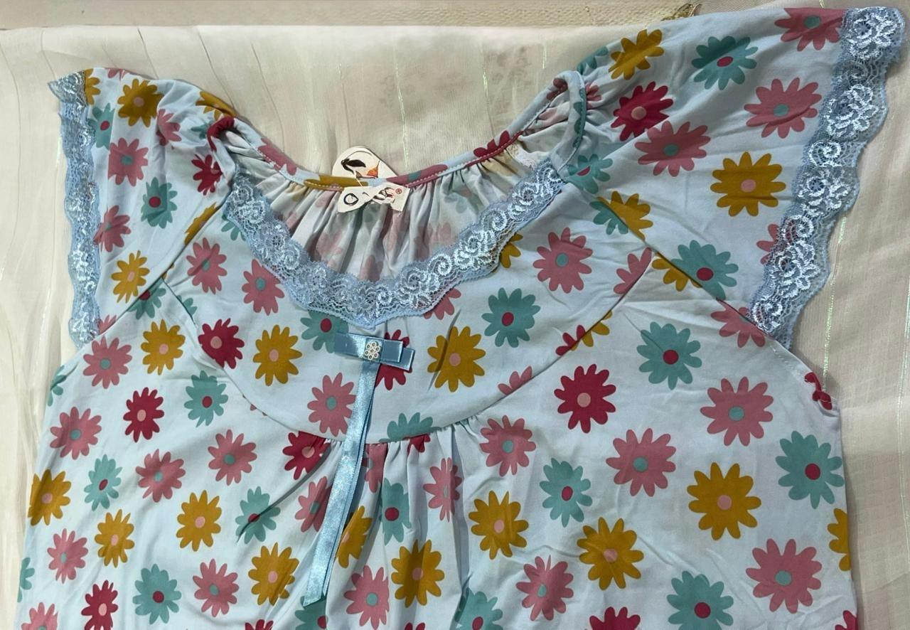 Floral Blue Cotton Night Gown with Cap Sleeves – Full Length Comfort Nightwear for Women - House of Shreenaa