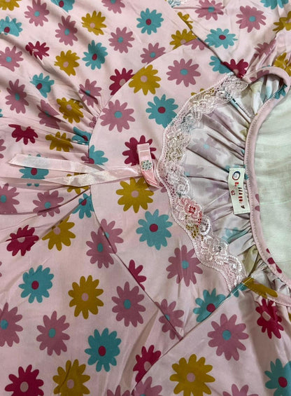 Floral Blue Cotton Night Gown with Cap Sleeves – Full Length Comfort Nightwear for Women - House of Shreenaa