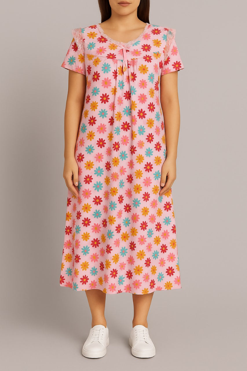 Floral Blue Cotton Night Gown with Cap Sleeves – Full Length Comfort Nightwear for Women - House of Shreenaa