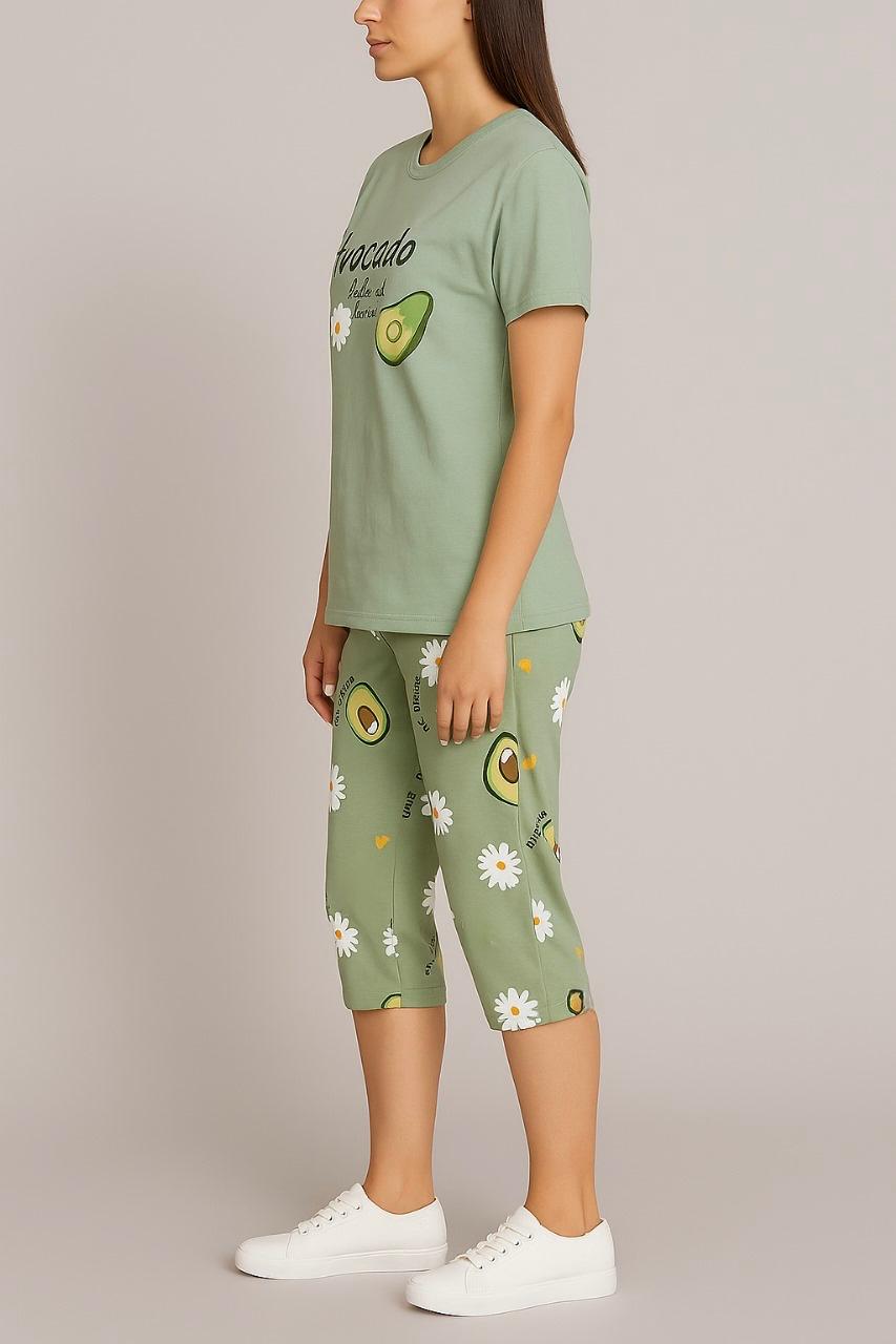 Avocado Print Capri Nightwear Set for Women – Sage Green - House of Shreenaa