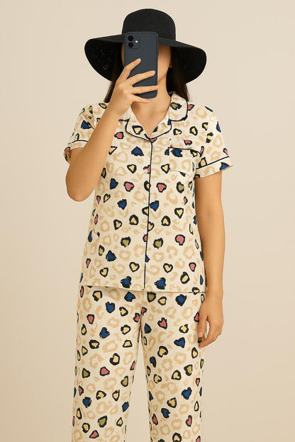 Soft Beige Heart-Print Co-ord Pyjama Set for Women – Short Sleeve Top & Full-Length Bottom - House of Shreenaa