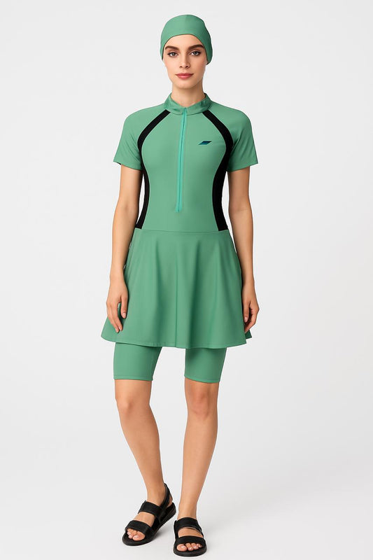 Modest Women's Swimsuit Set – Skirted Swim Top with Leggings & Swim Cap