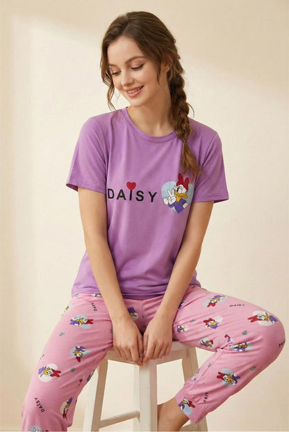 Daisy Character Printed Cute Pyjama Set – Soft Full-Length Nightsuit | Comfortable Women's Clothing UAE | House of Shreenaa
