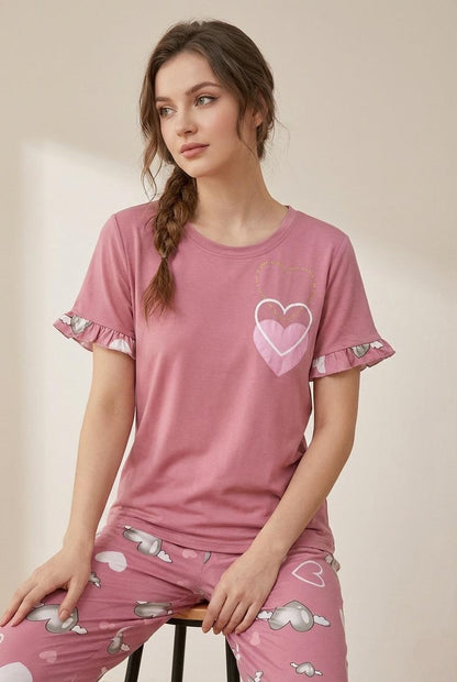 Sweetheart Dreams Pyjama Set - Soft Blend Heart Print Nightwear | Comfortable Women's Clothing UAE | House of Shreenaa