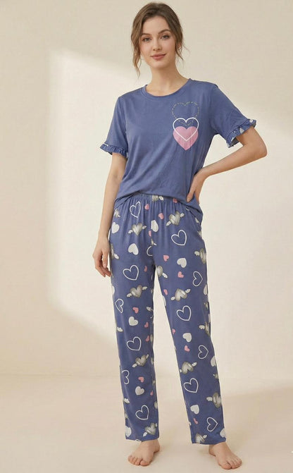 Sweetheart Dreams Pyjama Set - Soft Blend Heart Print Nightwear | Comfortable Women's Clothing UAE | House of Shreenaa