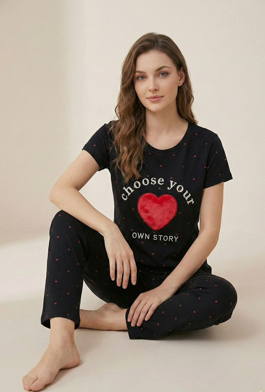 “Choose Your Own Story” Heart Print Pyjama Set – Inspiring Comfort in Every Color | Comfortable Women's Clothing UAE | House of Shreenaa