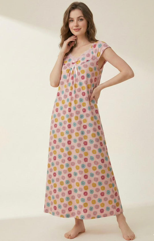Floral Blue Soft Night Gown - Cap Sleeves & Full Length for Women | Comfortable Women's Clothing UAE | House of Shreenaa
