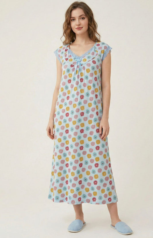 Floral Blue Soft Night Gown with Cap Sleeves & Full Length for Women | Comfortable Women's Clothing UAE | House of Shreenaa