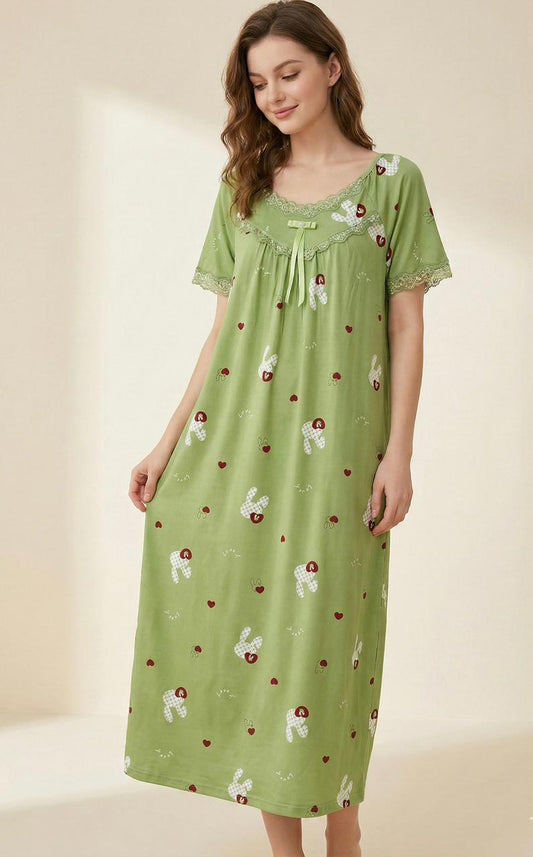 Women’s Full-Length Cotton Nighty – Green Printed Sleep Gown with Lace & Bow Detail | Comfortable Women's Clothing UAE | House of Shreenaa