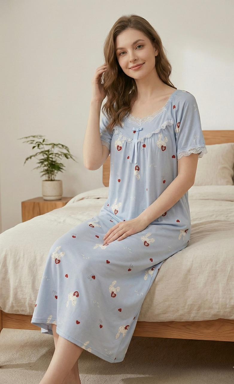 Women’s Full-Length Cotton Nighty – Blue Printed Sleep Gown with Lace & Bow Detail | Comfortable Women's Clothing UAE | House of Shreenaa