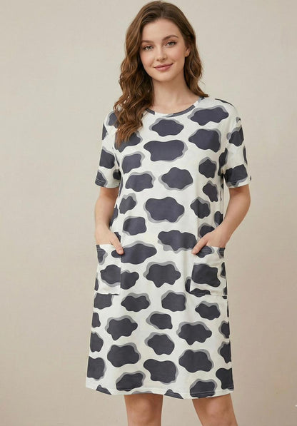 Women’s Print Cotton Sleep Shirt with Pockets – Relaxed Knee Length One-Piece Night Dress | Comfortable Women's Clothing UAE | House of Shreenaa