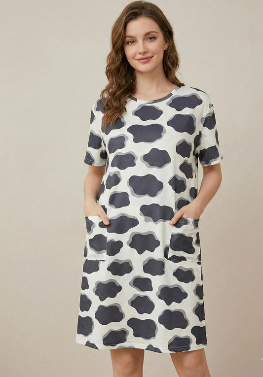 Women’s Print Cotton Sleep Shirt with Pockets – Relaxed Knee Length One-Piece Night Dress | Comfortable Women's Clothing UAE | House of Shreenaa