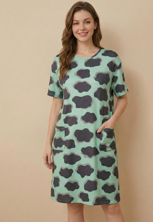 Women’s Print Cotton Sleep Shirt with Pockets – Relaxed One-Piece Knee Length Night Dress | Comfortable Women's Clothing UAE | House of Shreenaa