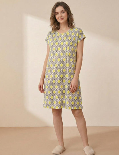 Women’s Cotton One-Piece Sleep Shirt – Yellow & Grey Geometric Print Nightwear | Comfortable Women's Clothing UAE | House of Shreenaa