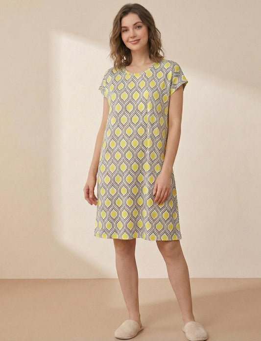 Women’s Cotton One-Piece Sleep Shirt – Yellow & Grey Geometric Print Nightwear | Comfortable Women's Clothing UAE | House of Shreenaa