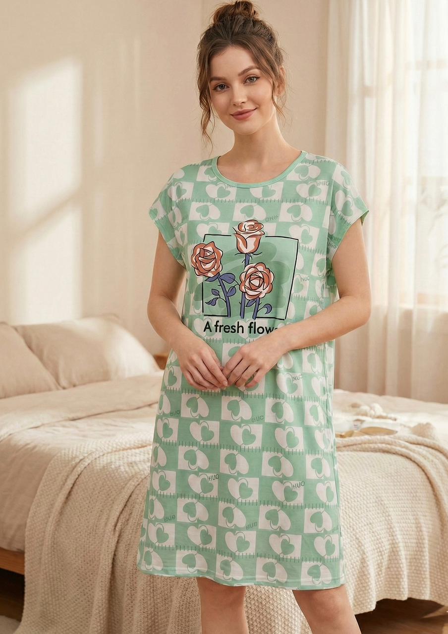 Blossom Heart Sleep Shirt – Soft Graphic Print Knee-Length Night Gown | Comfortable Women's Clothing UAE | House of Shreenaa