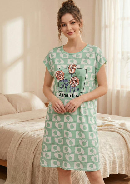 Blossom Heart Sleep Shirt – Soft Graphic Print Knee-Length Night Gown | Comfortable Women's Clothing UAE | House of Shreenaa