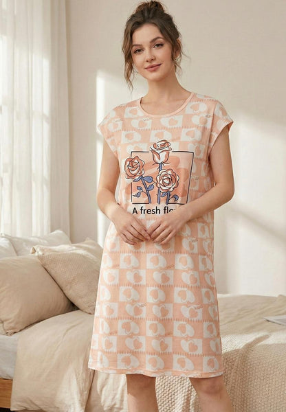 Blossom Heart Sleep Shirt – Soft Graphic Print Knee-Length Night Gown | Comfortable Women's Clothing UAE | House of Shreenaa