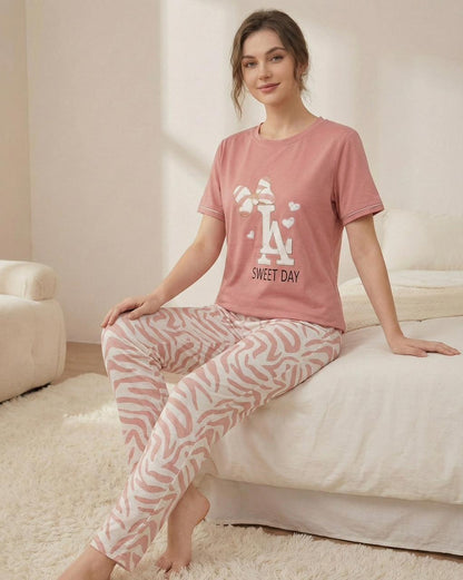 Sweet Day Cotton Pyjama Set - Graphic Tee & Zebra Print Loungewear | Comfortable Women's Clothing UAE | House of Shreenaa